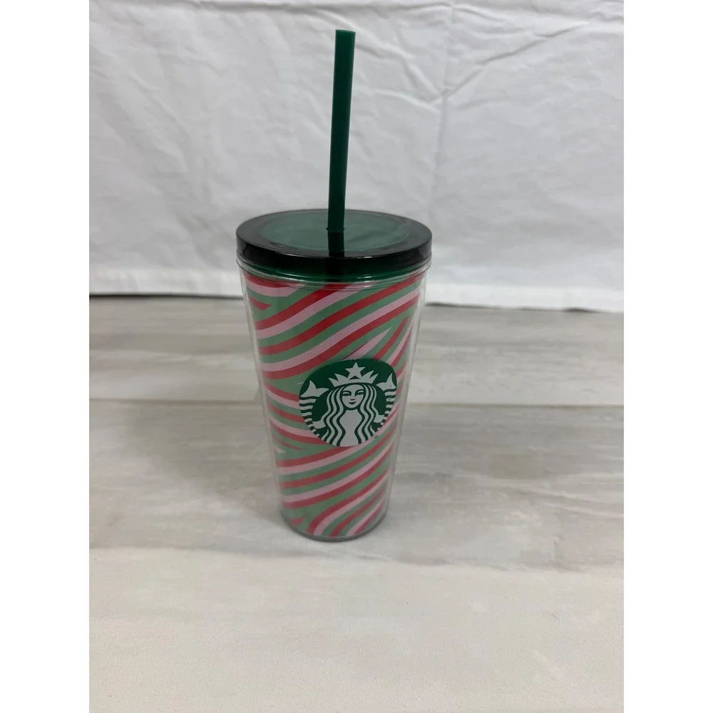 Starbucks 2024 Holiday Pink Green Stripe Cold Cup Tumbler 16oz with Straw Lid